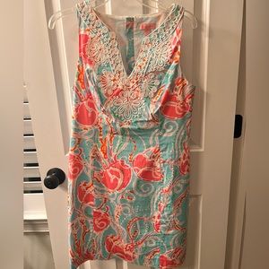 Lilly Pulitzer V neck dress with embroidery around neckline